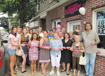 Mayor Judith Flanagan Kennedy is pictured with her many supporters at the opening of her campaign headquarters on Chestnut Street.